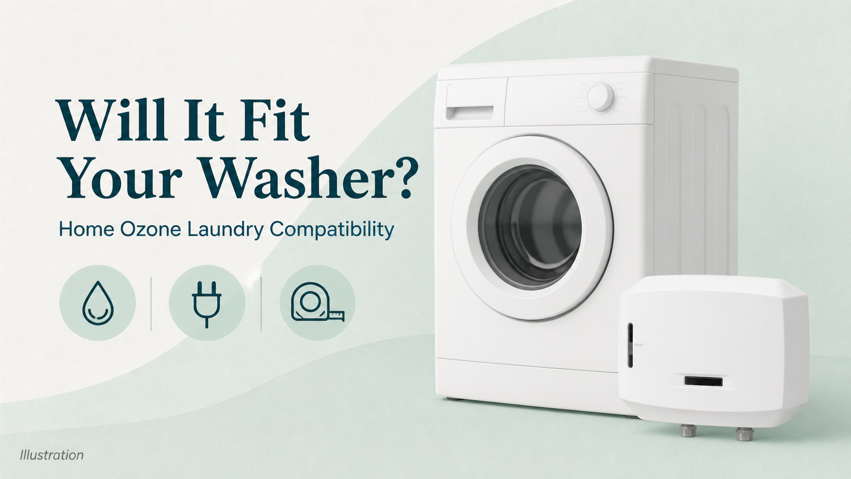 Illustration of a washing machine and home ozone laundry unit with water, power, and space-check symbols.